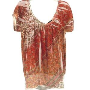 Fang Women Y2K Short Sleeve Sheer Peasant Top Boho Colorful Orange Red Large